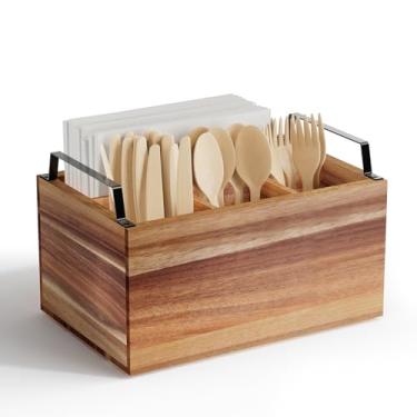 Imagem de Yaoyiizy Organizador de talheres de madeira, suporte de talheres de madeira de acácia, suporte de utensílios para festa, organizador de utensílios para bancada, cor de madeira