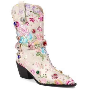 Imagem de LOCERICH Botas femininas de caubói brilhantes com strass diamante bordado floral ocidental bota de cano médio, Branco, 36