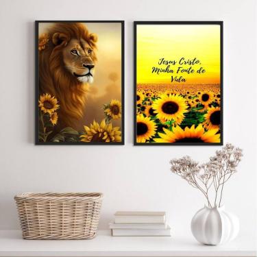 Imagem de Quadros Leão Jesus Cristo Girassóis 24x18cm - Moldura Branca