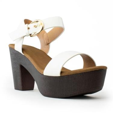 Imagem de RF ROOM OF FASHION Sandália feminina Peep Toe com tira no tornozelo e salto grosso plataforma, Poliuretano branco - faixa única, 35