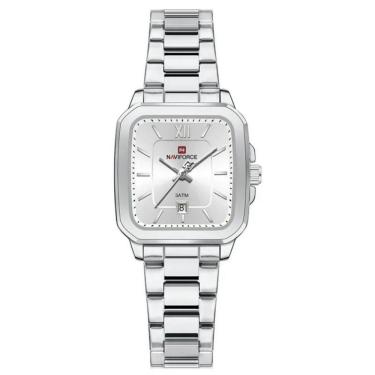 Imagem de Relógio De Quartzo Feminino Casual Mostrador Quadrado Pulseira Em Aço Inoxidável Impermeavel Branco