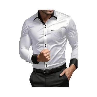 Imagem de Camisa Masculina Branca Com Patchwork, Manga Comprida, Elástica, Casua