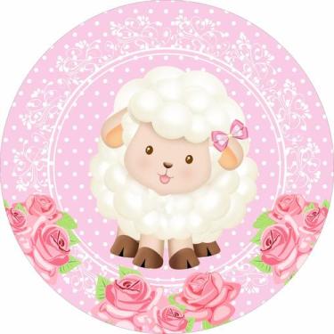 Imagem de Painel em Tecido Sublimado Redondo Ovelhinha Laço Rosa e Flores Fundo 