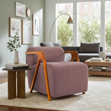 Imagem de Poltrona Chloe Decorativa Orgânica Bouclé Premium de Luxo para Sala Quarto Recepção Encosto Rolo Estrutura Amadeirada