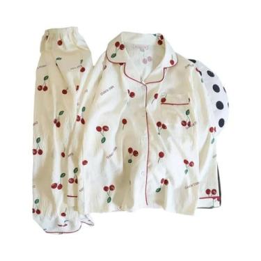 Imagem de Conjunto De Pijamas Com Estampa De Cerejas Para Mulheres, Moda Coreana