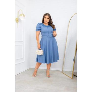 Imagem de Vestido Gode Com Detalhe Frontal e Manga Bufante. - Bia Modas, G, Azul