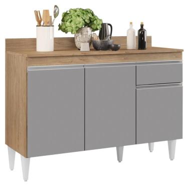 Imagem de Balcão Gabinete 120cm Com Tampo 3 Portas 1 Gaveta Arizona Castanho/cinza - Lumil Móveis