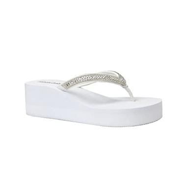 Imagem de REDVOLUTION sandálias femininas com strass plataforma tira em T sandálias de salto alto anabela, Gem [White], 7