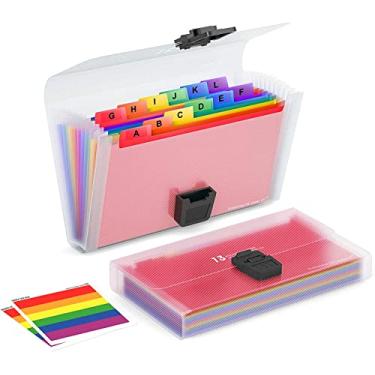 Imagem de Organizador de arquivos de sanfonado de plástico tamanho A6, 18 x 11 cm, mini pasta de arquivo expansível com 13 bolsos, caixa de arquivo portátil, pastas de acordeão coloridas para cartões, cupons, recibos, item fiscal (2 peças)