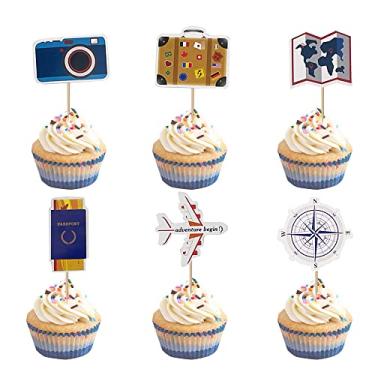 Imagem de DAONEG UCITY Conjunto de 24 peças de cupcakes com tema de viagem - Mapa de avião, câmera, cupcake, topos para o mundo espera viagem, formatura, chá de bebê, aposentadoria, mudança de carreira,