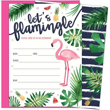 Imagem de Convites de festa Let's Flamingle com flamingo rosa e folhas de palmeira. 25 envelopes rosa choque e convites para festas de soirée, chás de panela, chás de bebê, aniversários, formaturas, festas de verão
