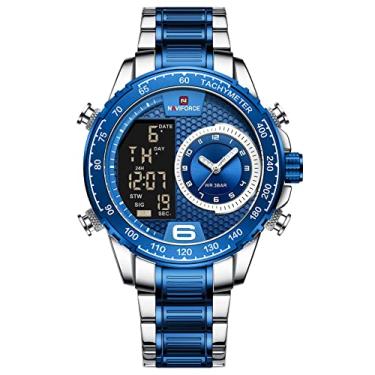 Imagem de Relógio masculino analógico digital masculino de aço inoxidável à prova d'água para dia e data, cronômetro, relógio esportivo, Prateado, azul