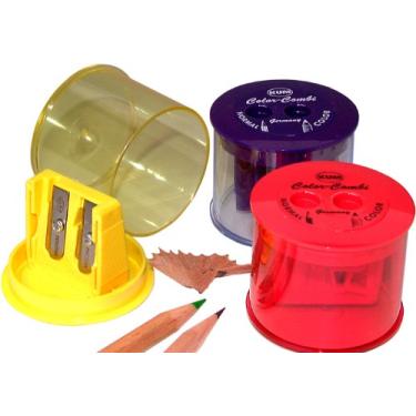 Imagem de KUM Apontador de lápis Color Combi com 2 furos, caixa de plástico rígido, azul/vermelho/amarelo, caixa de 12 unidades (KUM-218-12)