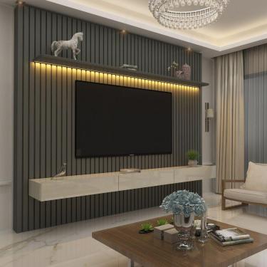 Imagem de Painel para TV até 90 Polegadas 229x250cm Ripado com LED 3 Gavetas 100% MDF Grafite/Off White