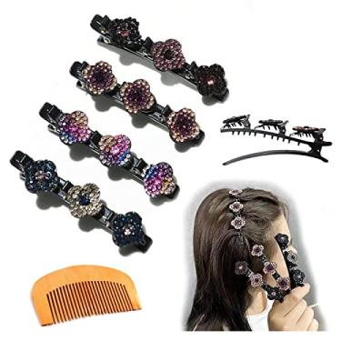 Imagem de 4 peças de clipes de cabelo trançados com pedra de cristal brilhante, 1 pente, grampos de cabelo de strass, faixas de cabelo de tecido de cetim para mulheres estilo de cabelo