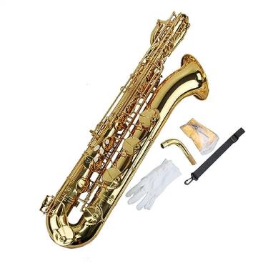 Imagem de Eb Gold Laca Saxofone Barítono Gravuras À Mão Sax Com Boquilhas Palhetas Estojo Com Alça Saxofone para Estudantes