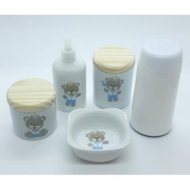 Imagem de Kit higiene bebê Príncipe Ursinho 5 Pçs - Potes, porta álcool e molhadeira porcelana + garrafa térmica