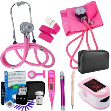 Imagem de Kit Enfermagem Completo Rosa Chiclé Estetoscópio Esfigmomanômetro Oximetro Glicosímetro Garrote Termometro, Lanterna Clínica, Relógio Lapela + Caneta de Osso