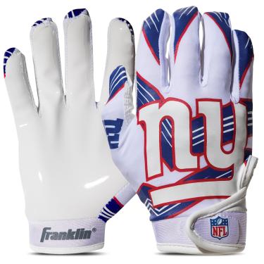 Imagem de Franklin Sports Luvas receptoras de futebol americano da NFL New York Giants – Luvas receptoras para crianças – logotipos da equipe NFL e palma de silicone – Par juvenil P/PP
