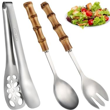 Imagem de Conjunto de 3 pinças de salada para servir utensílios de salada de aço inoxidável 18/10 com cabo de bambu, colher de salada e garfo, conjunto de metal (prata)