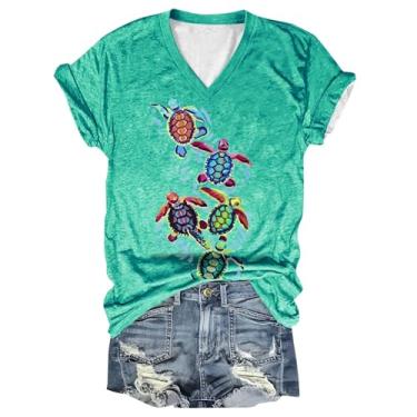 Imagem de Camiseta feminina, estampa de tartaruga, gola V, blusa de manga curta, caimento solto, casual, túnica moderna, camisa de férias de verão, Verde menta, G
