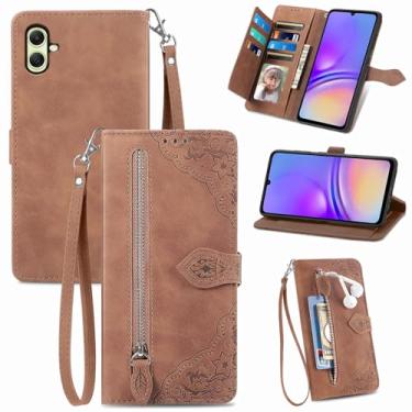 Imagem de Furiet Capa carteira compatível com Samsung Galaxy A05 com alça de pulso e suporte de cartão flip de couro, acessórios de celular para Ao5 A 05 mulheres homens marrom