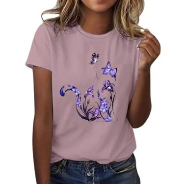 Imagem de Camiseta feminina de verão, estampa floral, manga curta, caimento solto, gola redonda, casual, moderna, túnica, Ouro rosa, P