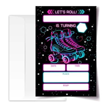 Imagem de Convite de aniversário de patins 4x6, convites de festa, lembrancinhas de festa neon brilhante, decorações de festa de patins, convites de aniversário infantil, 20 cartões com 20 envelopes. (45) (rolo