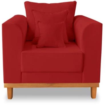 Imagem de Poltrona Sala de Estar Beny Suede Vermelho Com Almofadas Decorativas - Madeira Prima Deccor