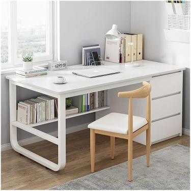 Imagem de Mesa de escritório multifuncional moderna com 3 gavetas e prateleiras de armazenamento - Mesa ajustável para estação de trabalho de computador e área de estudo, branca, 140X48X75CM