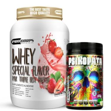 Imagem de Whey Protein 840g - 21g Proteína - Zero Açúcar + Pré Treino Psikopata Beta Limão 300g - Pro Corps (840g, Sorvete de Morango)