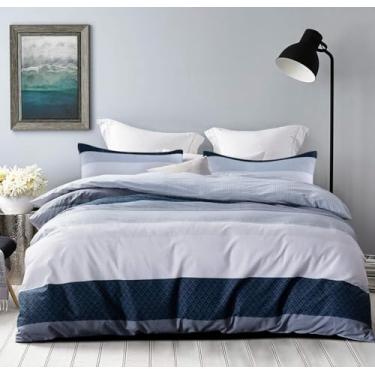 Imagem de SLEEPBELLA Conjunto de edredom King, 600 fios de algodão, branco e azul marinho, listrado, reversível, azul, 3 peças (king, patchwork azul)