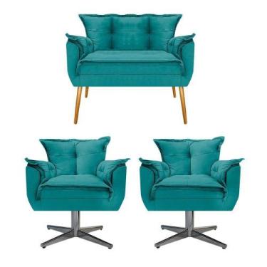 Imagem de Kit Namoradeira e 02 Poltronas Opala Base Giratória de Metal Suede Azu