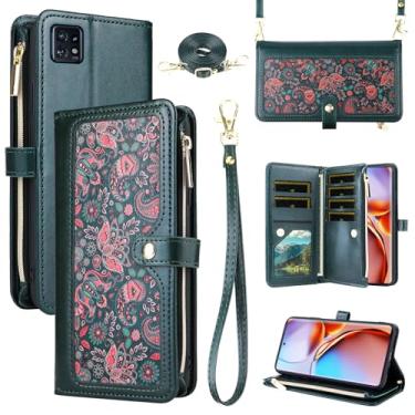 Imagem de Dswteny Capa carteira floral para Motorola Edge+ Plus 2023/Edge 40 Pro 5G/Moto X40 com alça de ombro, zíper de couro PU flip suporte para cartão de crédito para X + mulheres homens verde