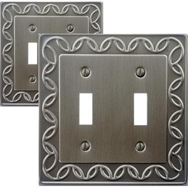 Imagem de OKAWYC Tampa de interruptor de luz de interruptor duplo NovaBloom placa de parede de metal, pacote com 2 unidades de estanho acetinado escovado níquel antigo 2 bandas, capa de interruptor de luz