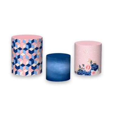 Imagem de Trio De Capa Cilindro - Geométrico Greek Rosa com Floral Azul e Dourad