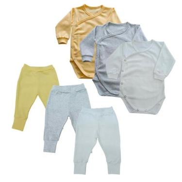 Imagem de Conjunto Body Kimono Manga Longa + Calça Liso Algodão Kit C/3 - Mellan