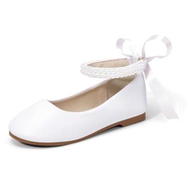 Imagem de Hehainom Sapatos sociais para meninas, meninas, florista, para crianças pequenas, Mary Jane, sapatilhas, laço de pérolas, festa de casamento, sapatos de comunhão, Poliuretano branco, 10 Toddler