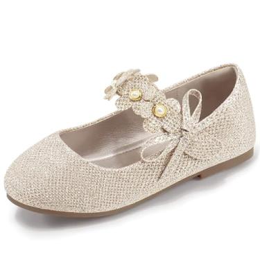 Imagem de Pandaninjia Vestido floral infantil para meninas Sapatilhas pérolas laço flor menina bailarina plana Mary Jane, Flora Gold Sparkle, 6 Toddler
