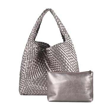 Imagem de Hnycinj Bolsa feminina de couro vegano, bolsa Hobo grande feita à mão, bolsa de ombro casual, bolsa de viagem nas axilas, Prata