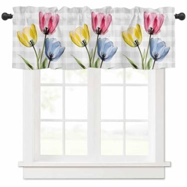 Imagem de Cortina tulipas coloridas flores abstratas cortinas de topo curto, cinza branco búfalo xadrez tratamento de janela para cozinha cortina de bolso para varão, para banheiro, quarto, sala de estar, 1