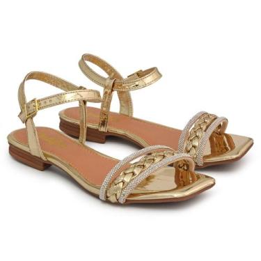 Imagem de Sandália Rasteirinha Feminina em Tiras de Strass e Tranças com Fivela 