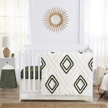 Imagem de Sweet Jojo Designs Conjunto de cama verde escuro boho flecha menino menina bebê berço infantil quarto de berçário cobertor lençol com elástico saia fralda empilhador 4p Hunter Sage marfim moderno boêmio gênero neutro flechas franja