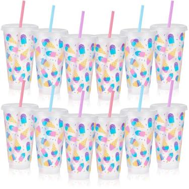 Imagem de SiliFine 12 peças de copos de sorvete de plástico 680 g suprimentos de festa copo reutilizável com tampa e canudo sorvete presentes para lembrancinhas de festa de verão sorvete decorações de festa de