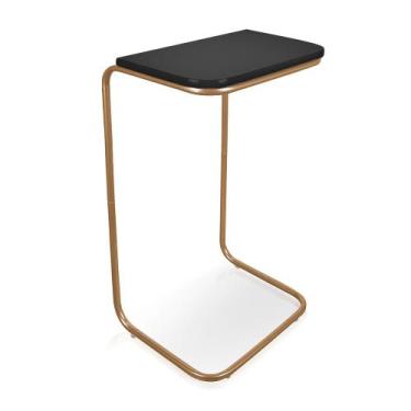 Imagem de Mesa Lateral Tampo Preto Multiuso para Sofá Base Dourado - D'Rossi - D