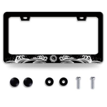 Imagem de Waves and Sun Molduras de placa de licença engraçadas para carro peças decorativas placa de carro aço inoxidável placa de licença para suporte de placa de licença padrão EUA Canadá 30 x 15 cm