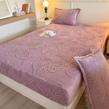 Imagem de Capa de colchão, veludo, quente, antiderrapante, capa contra poeira, macia, elástica, respirável, protetor de colchão com bolso profundo para decoração de cama de quarto - Roxo|Califórnia: 200,7 x 221