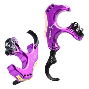 Imagem de POEARCUS Liberação de arco para arco composto - Alça de dedo 3/4 liberação de tensão traseira, processamento CNC com contrapeso de latão e pino de polegar integrado para caça e competição (Roxo)