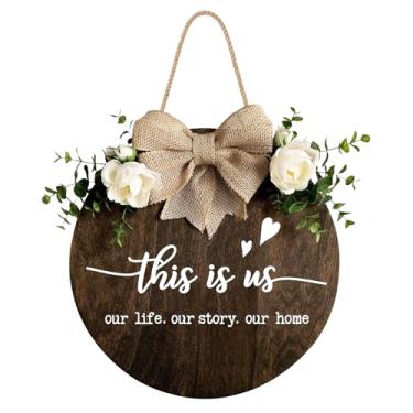 Imagem de Placa de decoração MayAvenue This is Us Wreaths Porta, placa de madeira redonda para pendurar com laço de fita e folhas verdes artificiais, decorações de varanda de fazenda para casa de Ação de Graças, marrom