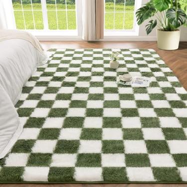 Imagem de Andency Tapete de área verde e branco de 9,5 x 1,5 m para sala de estar, clássico quadriculado, tapete felpudo antiderrapante, tapete macio, macio, felpudo, quarto, crianças, berçário, sala de jogos